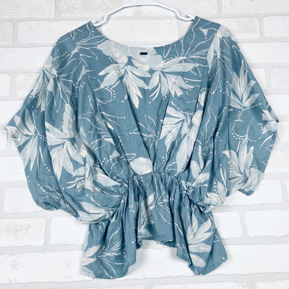 ONeill Womens XS Blue Tropical Floral Surplice V-Neck Dolman Sleeve Peplum Top - Picture 8 of 12